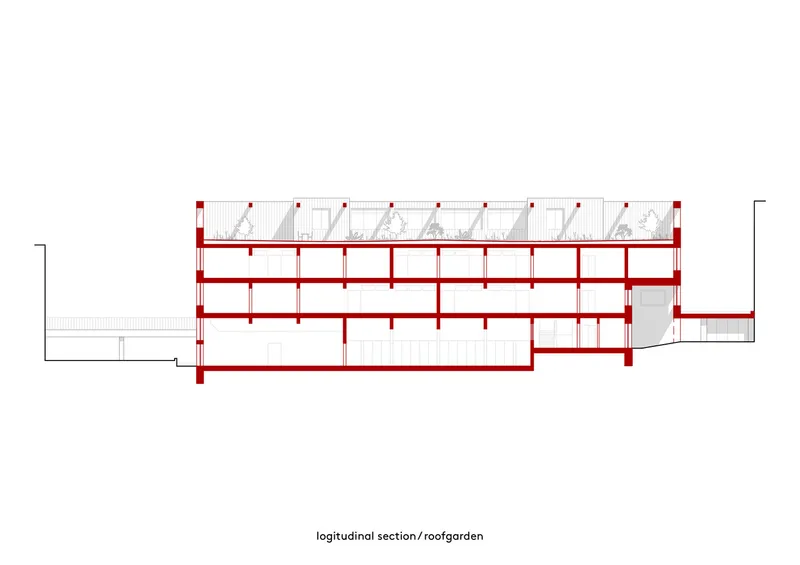 Longitudinal section drawing revealing three-story structure with rooftop garden and occupants
