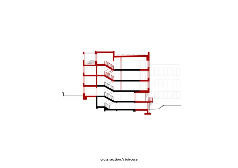 Cross section drawing through staircase showing scissor stairs connecting four floor levels