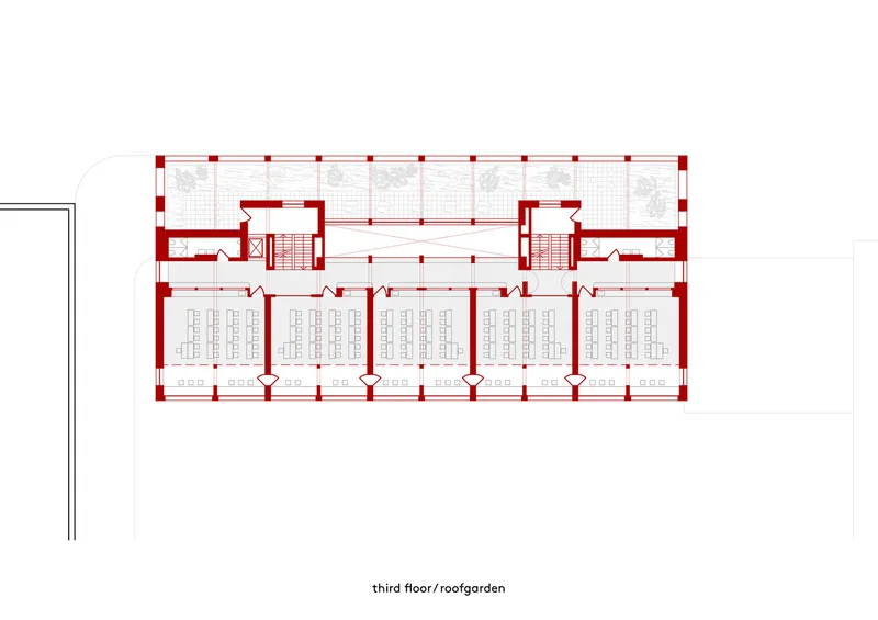 Third floor plan showing five classrooms with desk layouts, circulation spine and stair cores