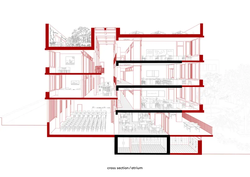 Cross section drawing revealing stacked floor plates around a central atrium with red structural elements