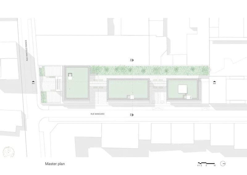 Master plan drawing showing the building footprint with three courtyards and surrounding street context