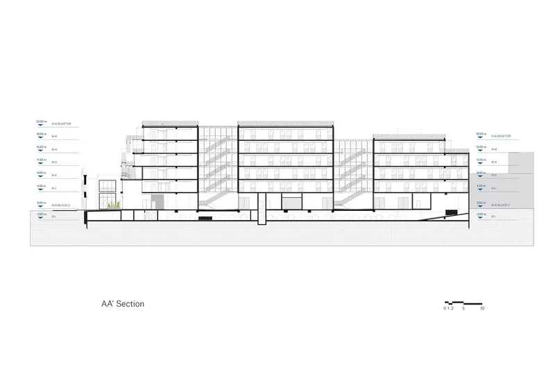 Section drawing revealing three stepped blocks with gridded facades and interior floor plates