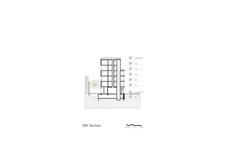 Section drawing showing a multi-story volume with a tree-planted courtyard at ground level