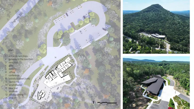 Site plan drawing showing the curving building footprint and parking areas among trees