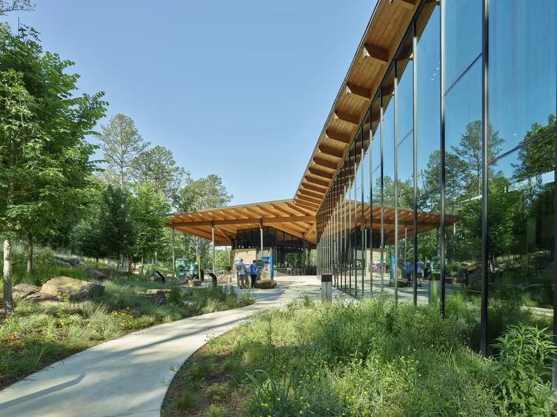 Approach pathway through planted beds leading to the kinked timber roof canopy and mirrored glass facade