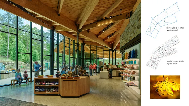 Interior retail space with exposed timber trusses and visitors browsing displays beneath floor-to-ceiling glass walls