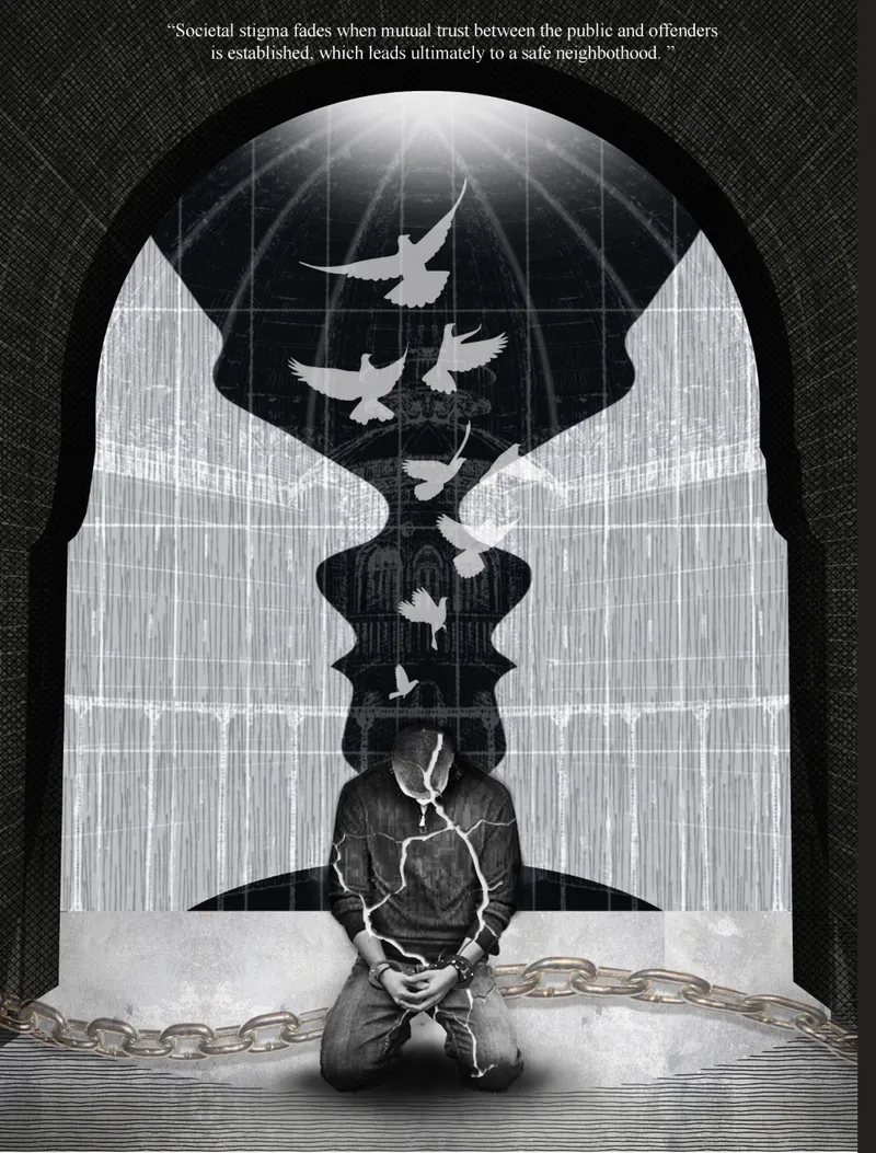 Conceptual illustration of a seated figure silhouetted against an arched window with flying birds and broken chains