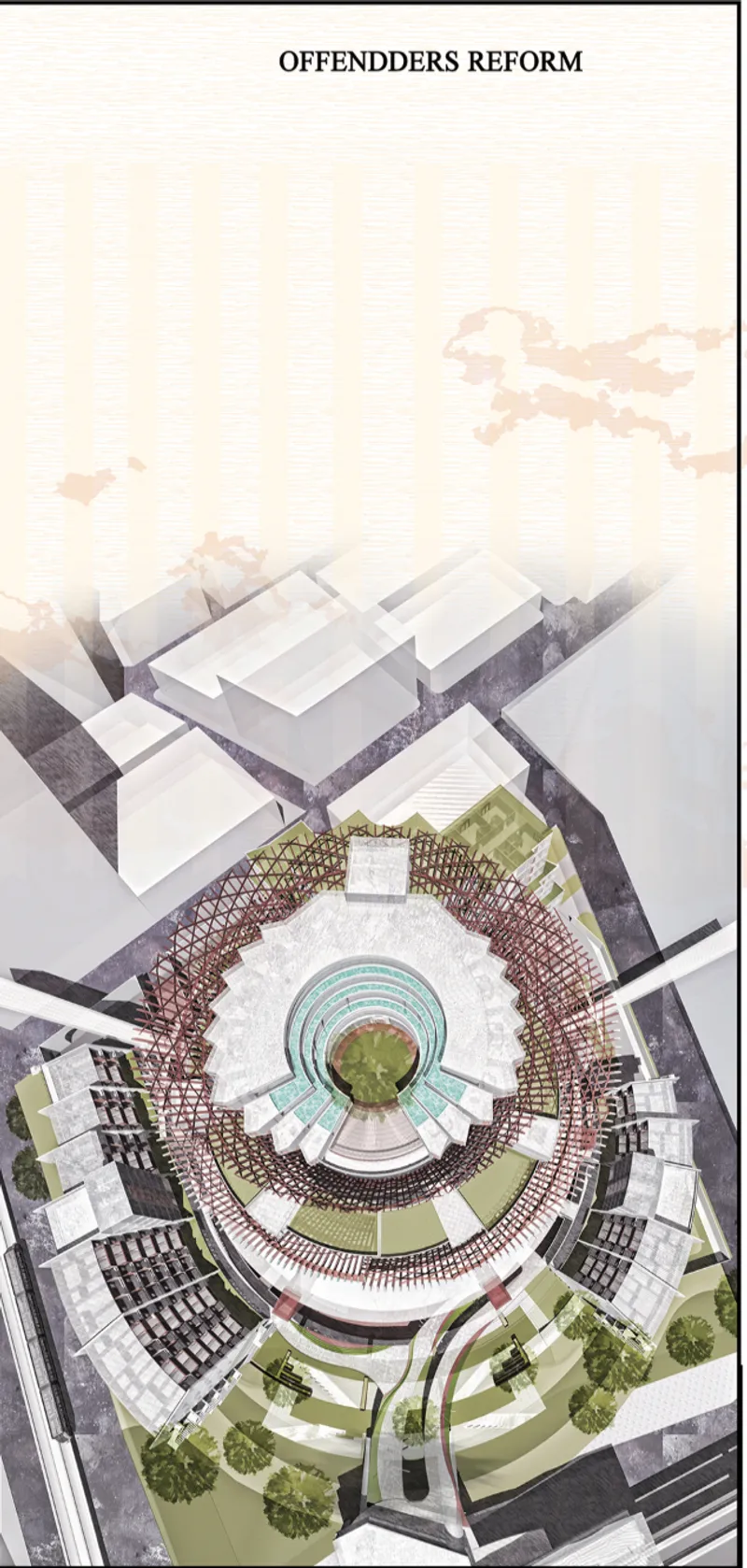 Aerial plan view rendering of a circular facility with radiating wings and central courtyard surrounded by trees