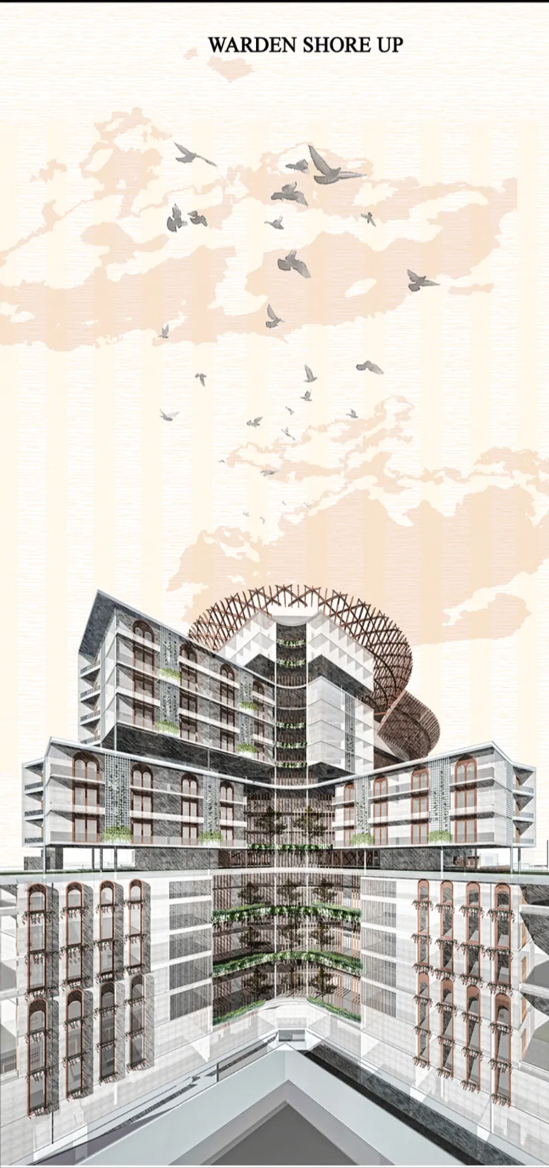 Section rendering showing residential wings flanking a central tower with planted terraces and birds in the sky