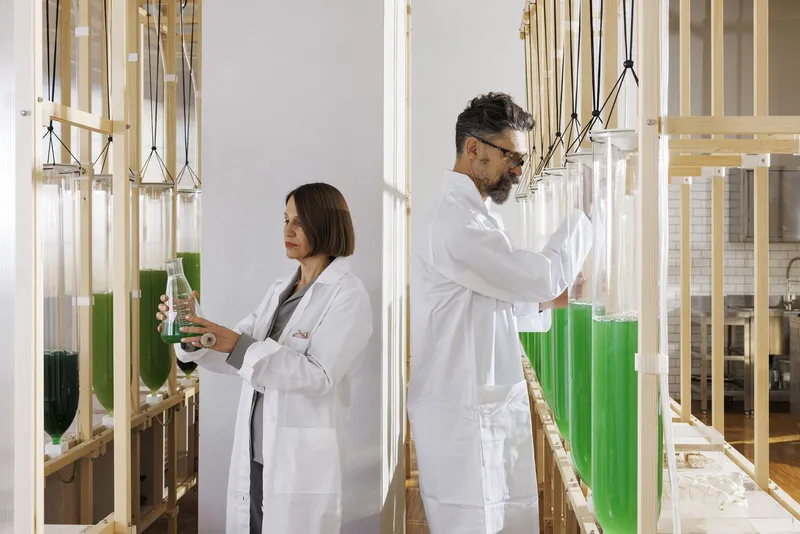 Two researchers in white coats standing beside vertical glass tubes containing green liquid algae cultures