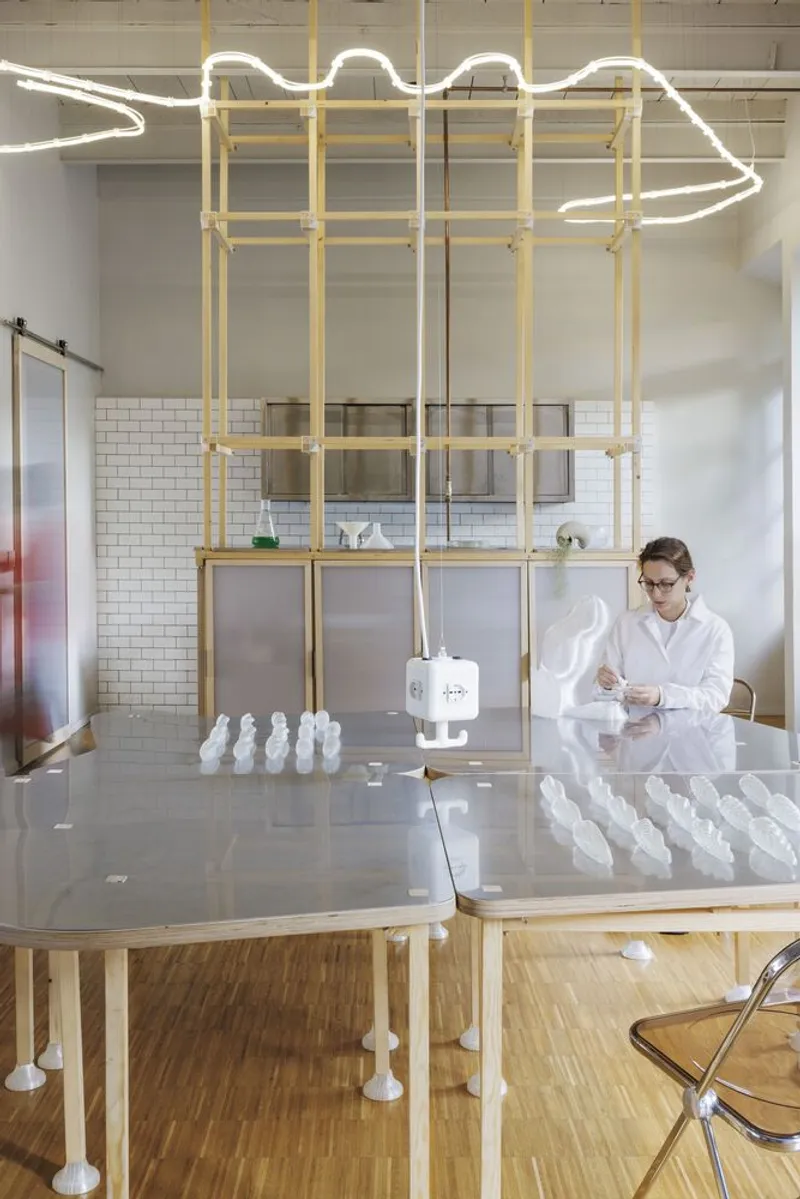 Workspace table with white sculptural samples under a custom neon light fixture shaped like a bottle