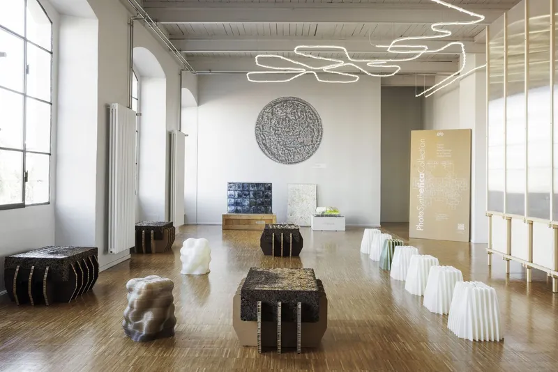 Gallery space with circular wall-mounted textile artwork and exposed wood plank ceiling