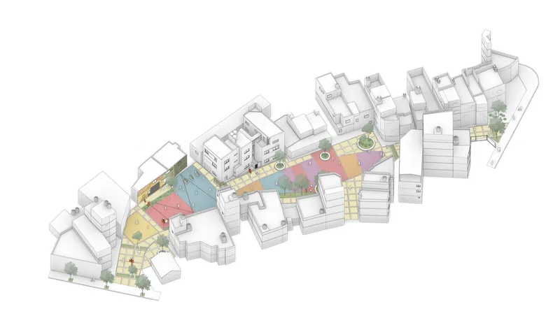 Axonometric drawing of an urban block with a central courtyard featuring colored zones between white buildings