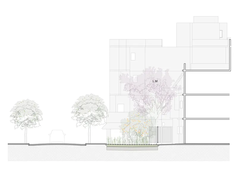 Section drawing revealing a planted facade with trees and vegetation in front of residential floors