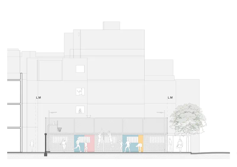 Elevation drawing showing a transparent ground floor with colored panels and silhouettes of pedestrians passing by