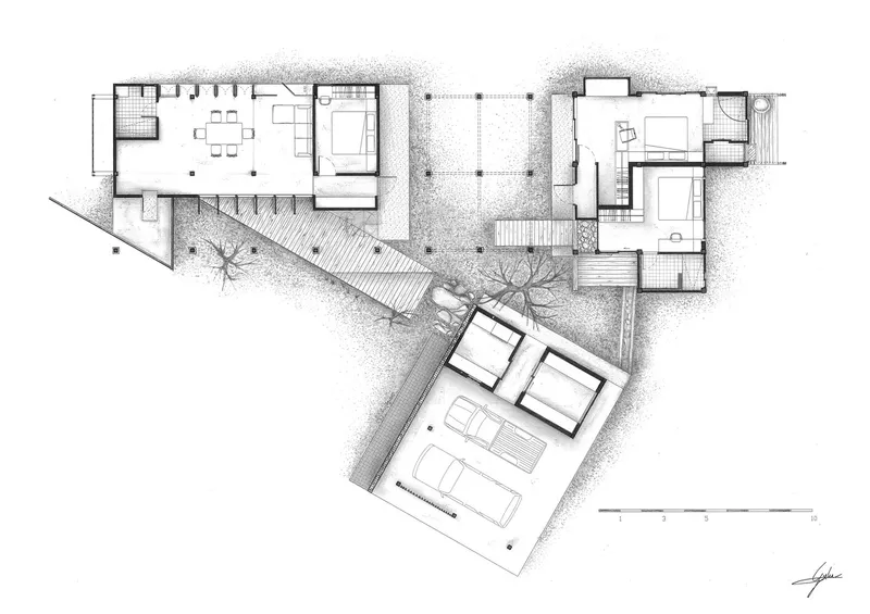 Floor plan drawing showing two angled building volumes connected by a covered walkway and landscaped courtyards