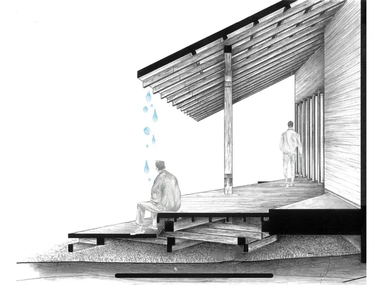 Perspective section drawing of a raised timber deck with corrugated roof and two figures beneath water droplets