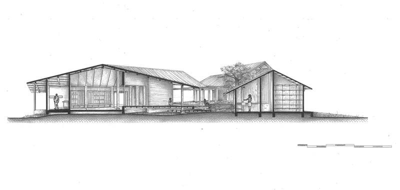 Elevation drawing showing three gabled pavilions linked by covered passages with figures and trees