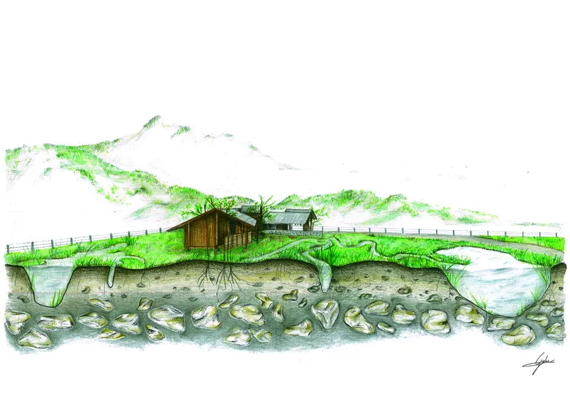 Section drawing depicting a timber structure set into a grassy hillside with exposed foundation and rocky substrate