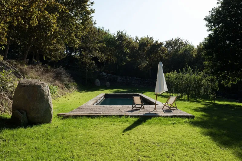 Timber deck with embedded pool and umbrella set in a sloping grassy clearing surrounded by forest