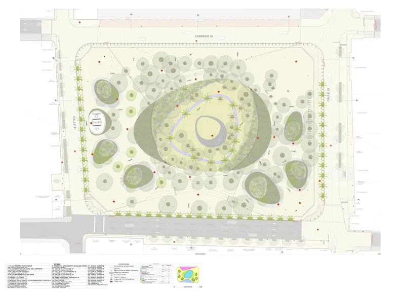 Site plan drawing showing circular central plaza with planted areas and surrounding tree canopies