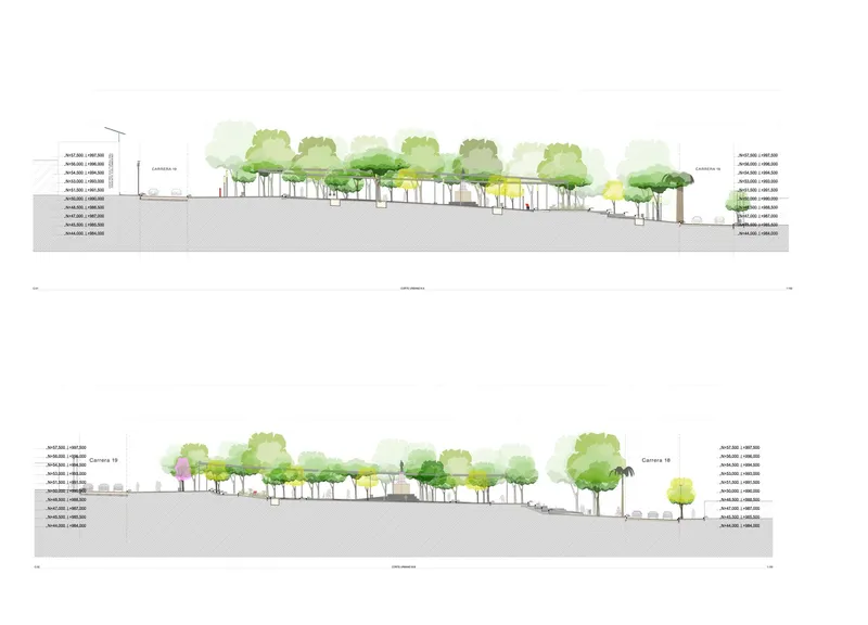 Section drawings showing landscape grading with trees and vegetation along a linear pathway