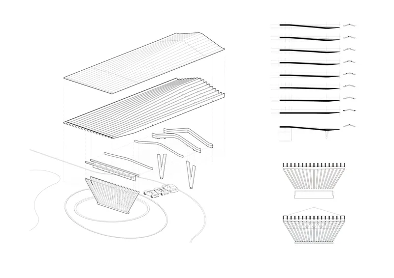 Axonometric drawing of the roof assembly with exploded structural layers and components