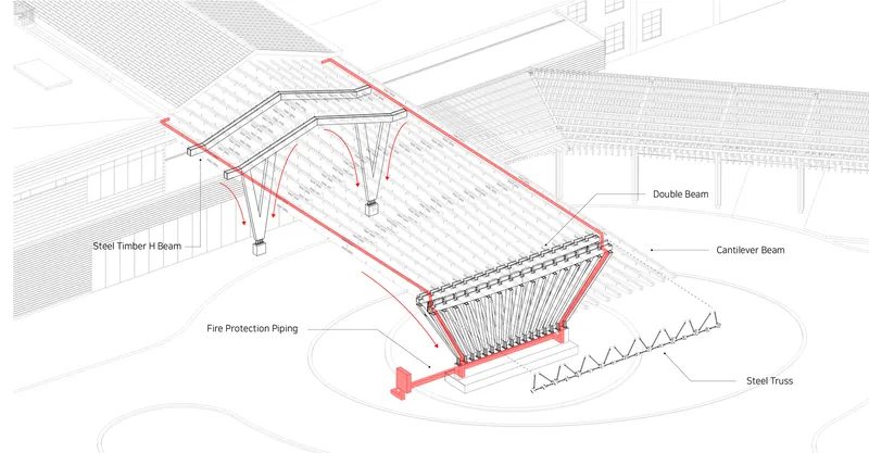 Isometric diagram highlighting the steel beam network and cantilever structure with annotations