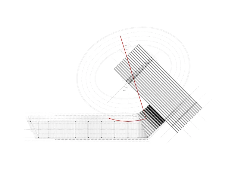 Plan drawing showing the angled roof plate above a linear base and circular element