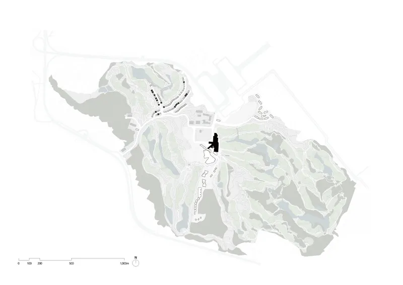 Site plan drawing showing the building footprint in black silhouette within a topographic golf course landscape