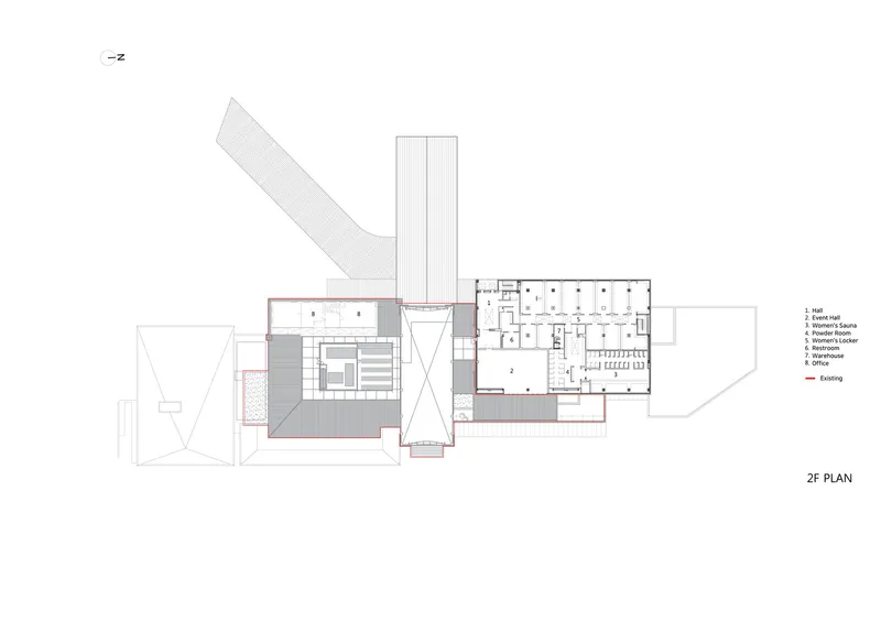 Second floor plan drawing showing a central stair void and folded canopy forms extending from the building mass