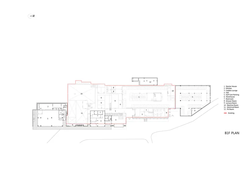 Floor plan drawing showing an elongated linear layout with numbered rooms and an angled wing