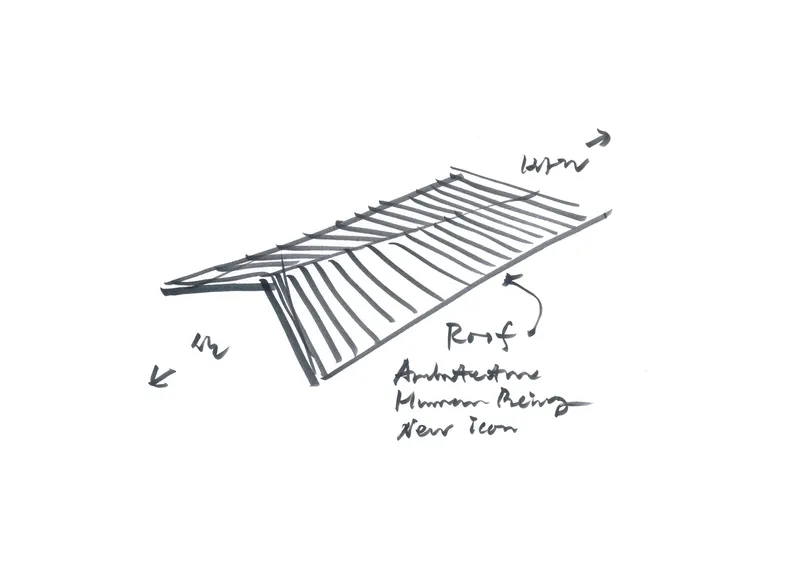 Axonometric sketch of a slatted cantilevered roof element with handwritten annotations indicating direction of entry