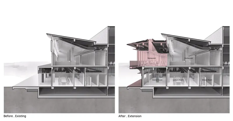 Section drawing comparing existing and extended configurations with new rooftop addition highlighted in pink
