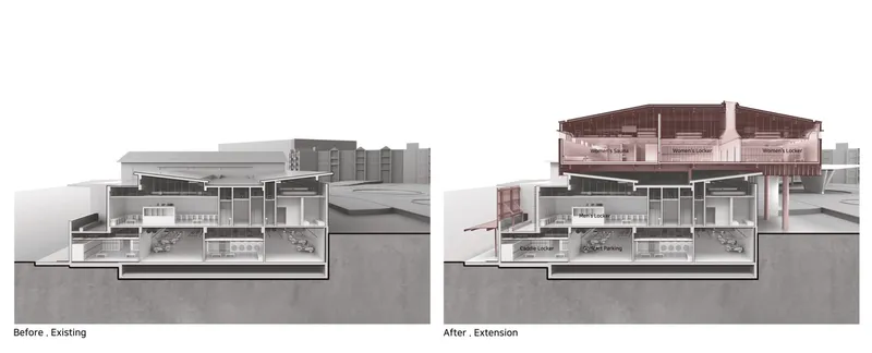 Section drawing showing before and after conditions with a new upper level extension in terracotta tone