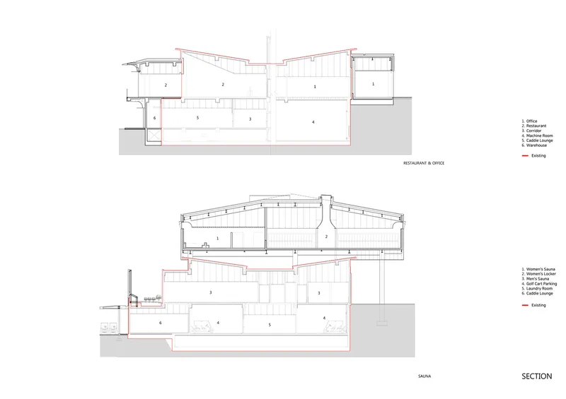 Section drawings illustrating restaurant spaces below and sauna areas with pitched roof structure above