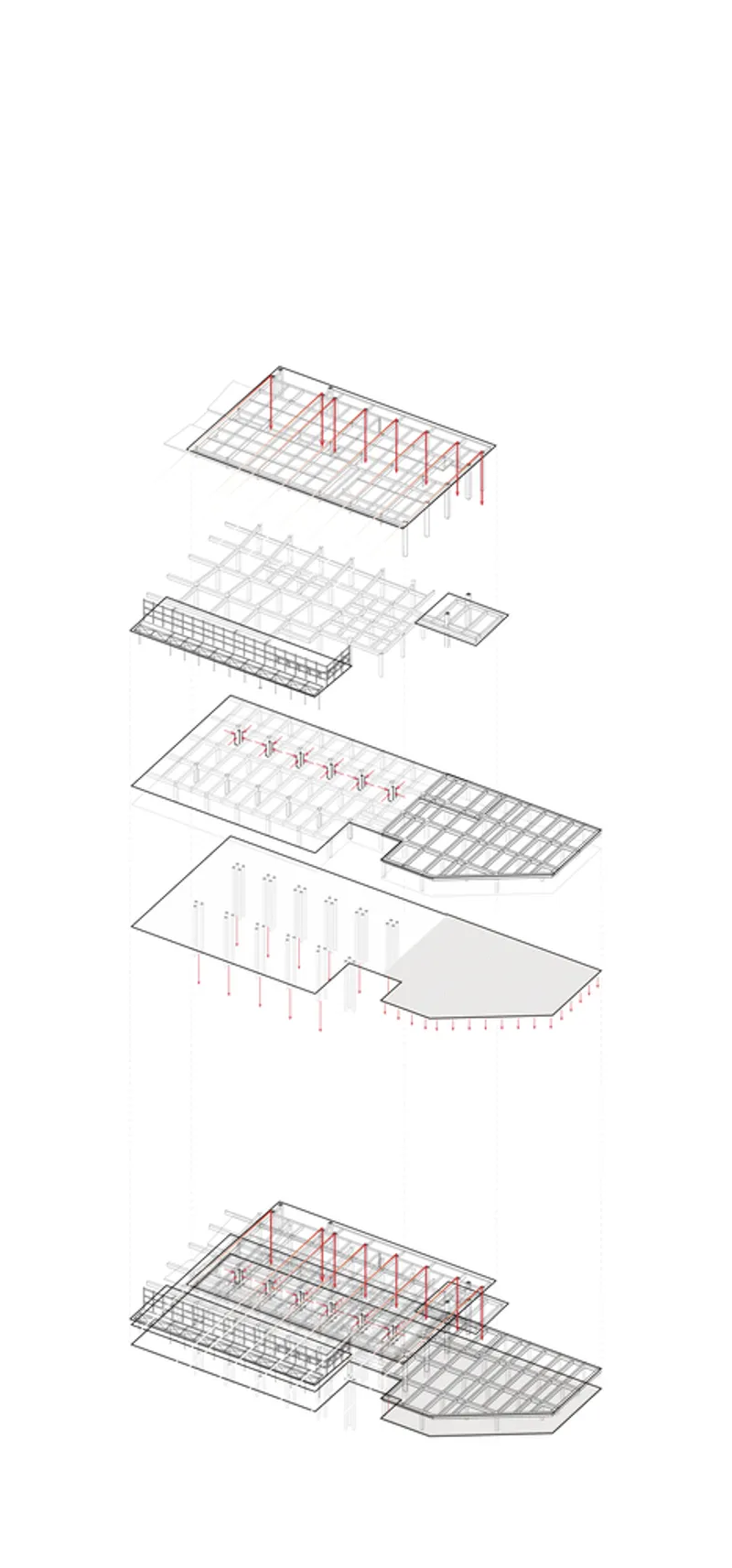 Exploded axonometric drawing showing layered structural components including roof framing, columns, and grid systems