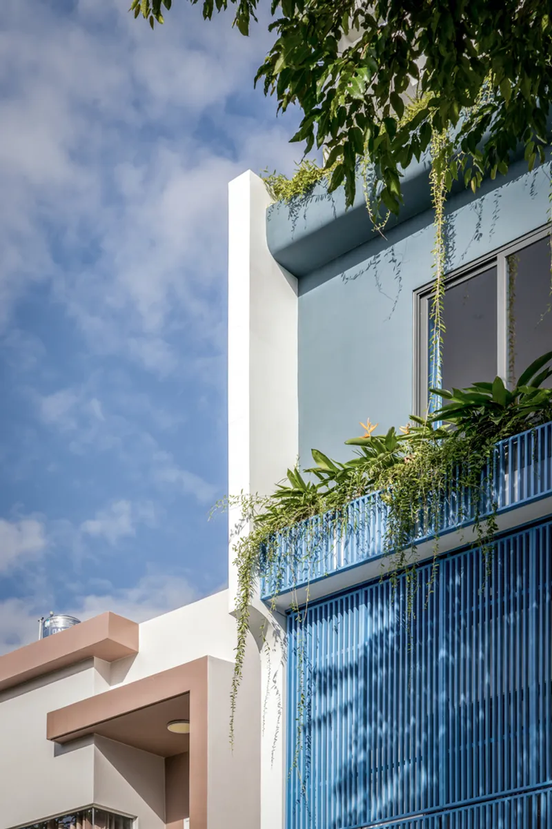 Street facade showing corrugated blue screen with planted balcony and trailing vines under cloudy sky