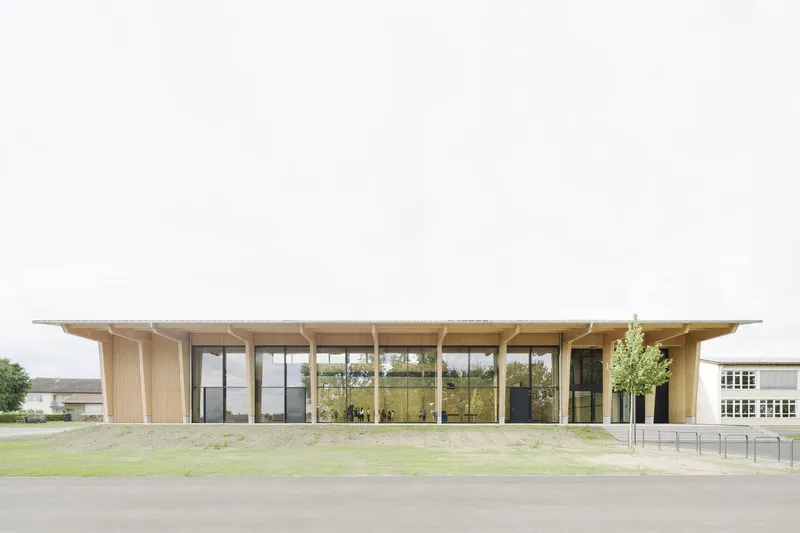 Low-pitched timber roof extending over a fully glazed facade with vertical mullions on an overcast day