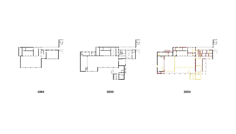 Floor plan drawing comparing three phases of the layout with demolition and addition zones highlighted