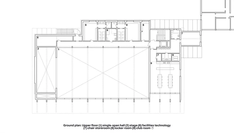 Upper floor plan showing a double-height hall with diagonal bracing and surrounding support spaces