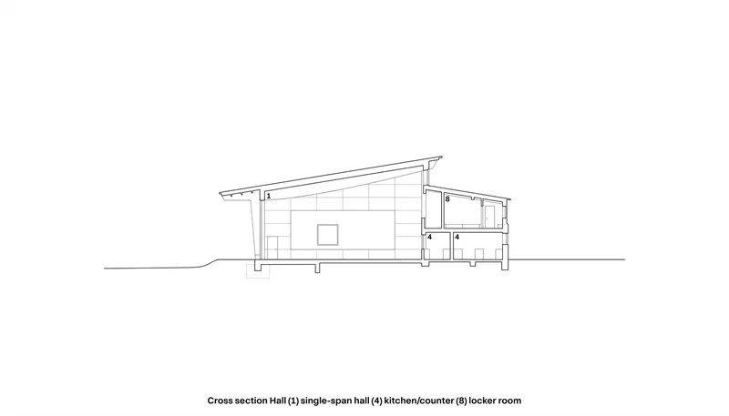 Cross section through the hall revealing sloped roofline and adjacent service volumes