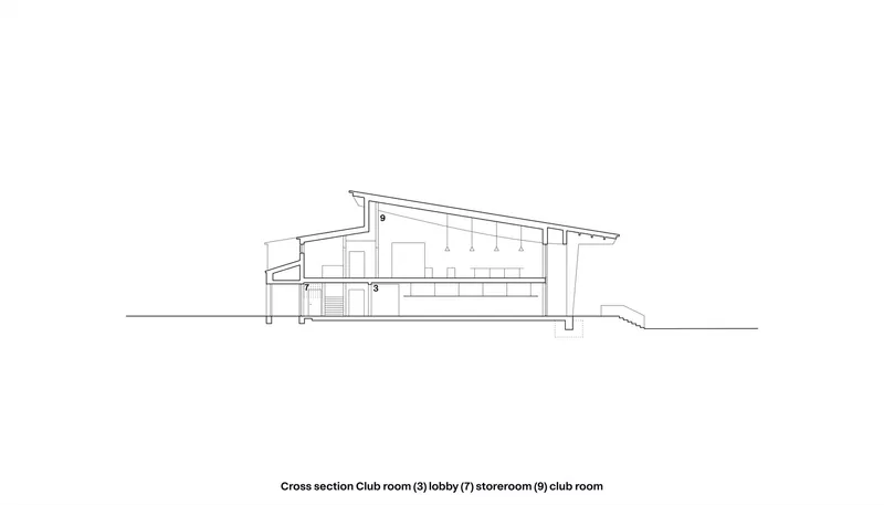 Cross section showing clerestory windows and sloping roof above the main hall space