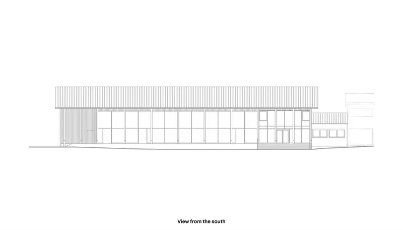 South elevation drawing depicting a long horizontal volume with extensive glazing beneath a flat roof
