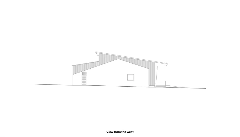 West elevation drawing showing the angular roof profile and corrugated metal cladding