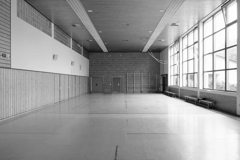 Gymnasium hall showing wall-mounted climbing bars, tiled ceiling beams, tall gridded steel windows flooding space with daylight