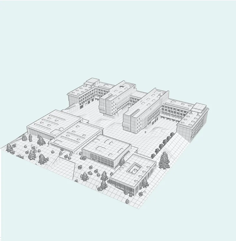 Axonometric drawing showing a multi-building complex with courtyards and planted areas on a grid