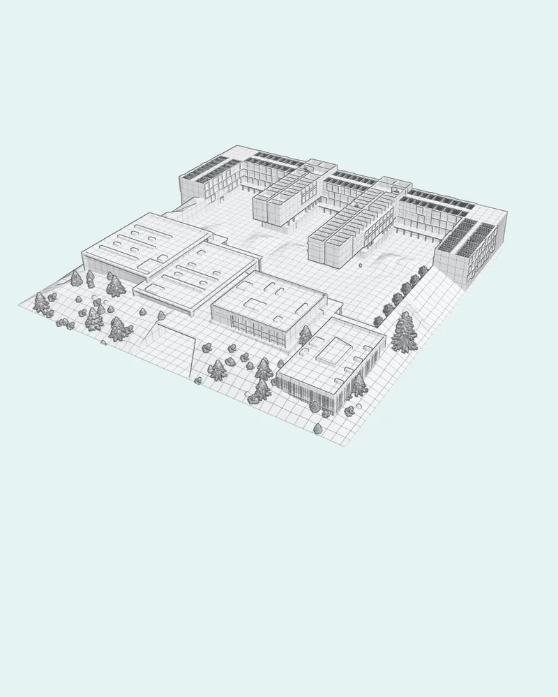 Axonometric drawing showing building volumes arranged around courtyards with tree clusters and pathways