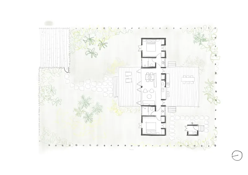 Floor plan drawing showing a central living space flanked by bedrooms with surrounding gardens and vegetation indicated
