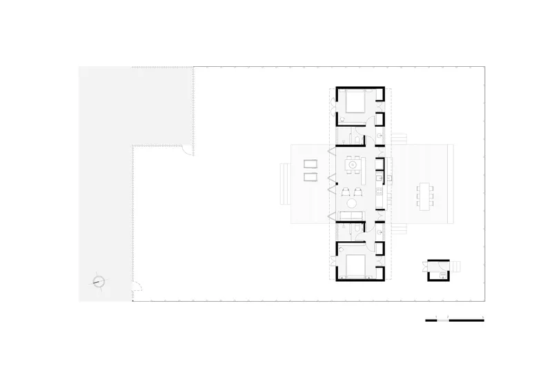 Floor plan drawing depicting a linear arrangement of rooms opening onto outdoor terraces and a pool